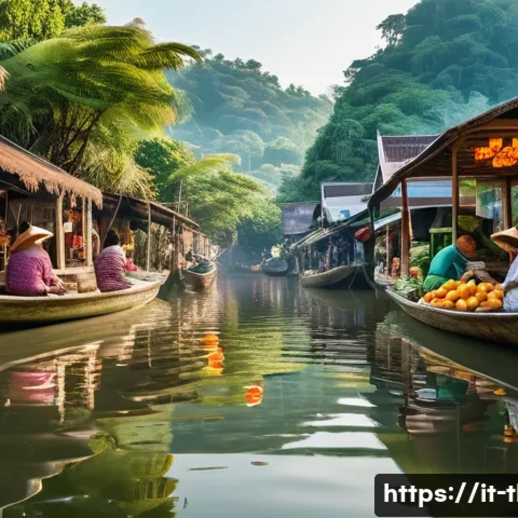 태국의 지속 가능한 라이프스타일 - **Thai Floating Market - Authentic Charm**: A wide-angle shot of a vibrant, bustling floating market...
