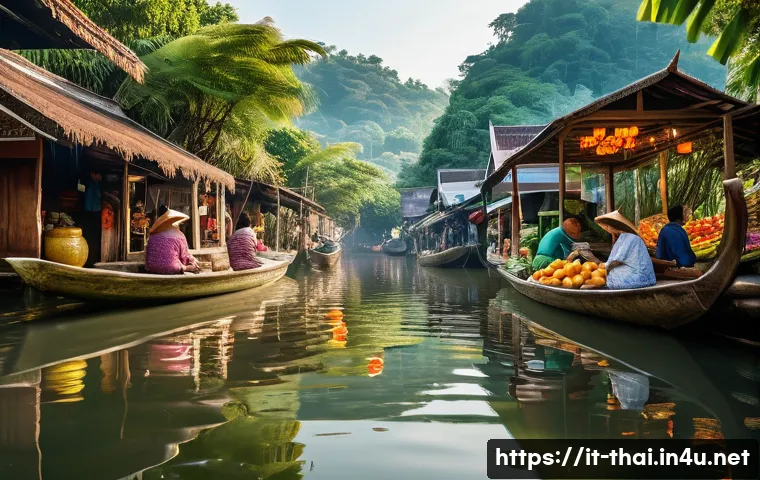 태국의 지속 가능한 라이프스타일 - **Thai Floating Market - Authentic Charm**: A wide-angle shot of a vibrant, bustling floating market...