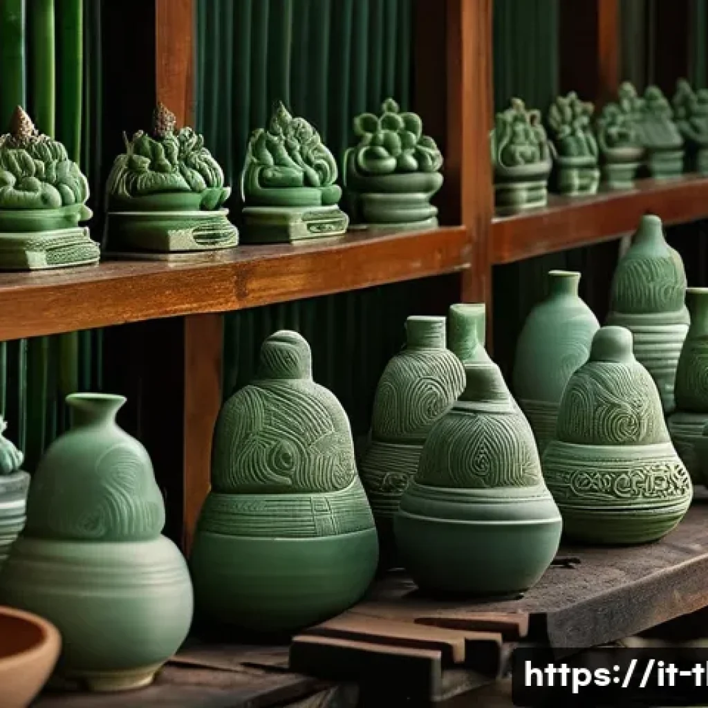 태국의 특산품 비교 - **A detailed scene inside a traditional Thai Celadon pottery workshop in Chiang Mai.** The image sho...