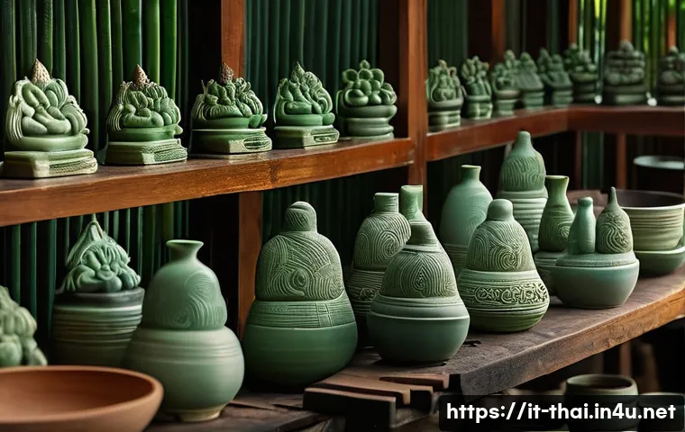 태국의 특산품 비교 - **A detailed scene inside a traditional Thai Celadon pottery workshop in Chiang Mai.** The image sho...