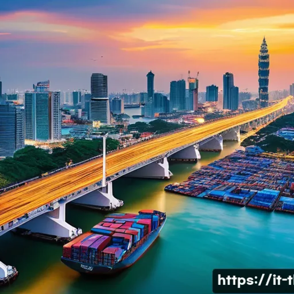 태국의 주요 항만 개발 - **Prompt:** "A vibrant, panoramic view of Thailand's role as a 'Bridge Between East and World'. In t...