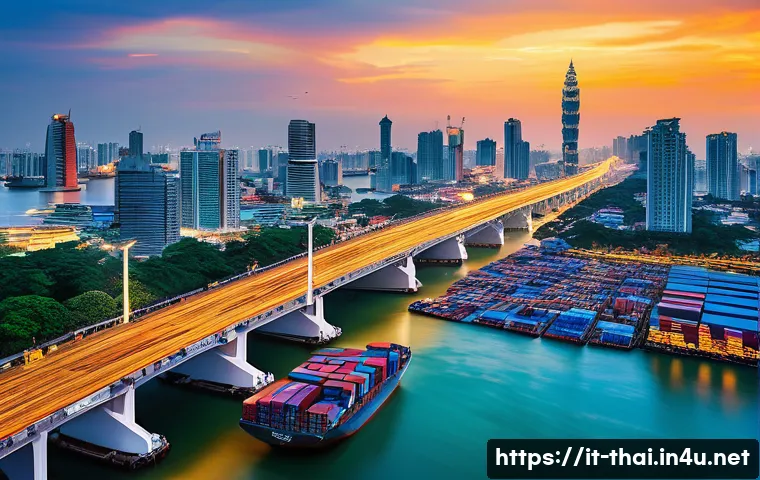 태국의 주요 항만 개발 - **Prompt:** "A vibrant, panoramic view of Thailand's role as a 'Bridge Between East and World'. In t...