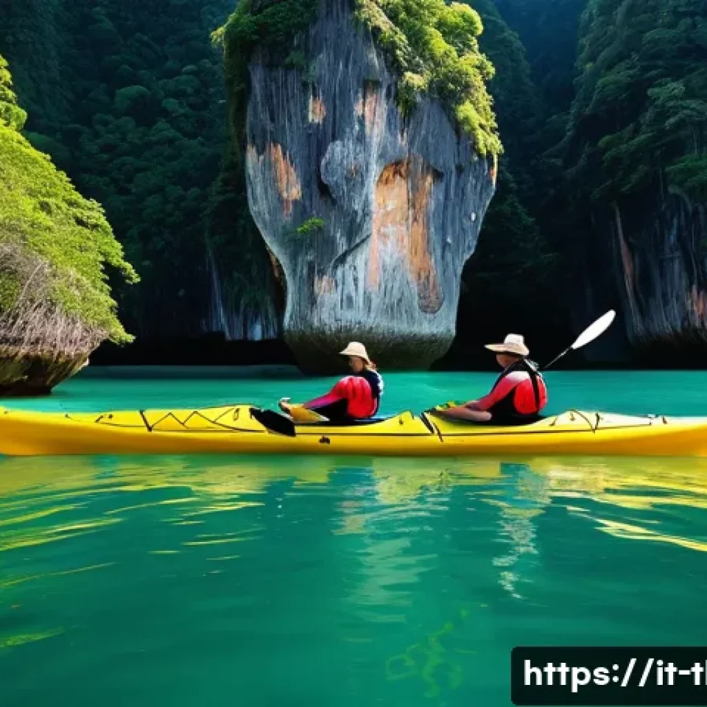 태국의 크루즈 여행지 - **Phang Nga Bay Kayaking Adventure**
    "A vibrant and serene scene of tourists enjoying a kayaking...