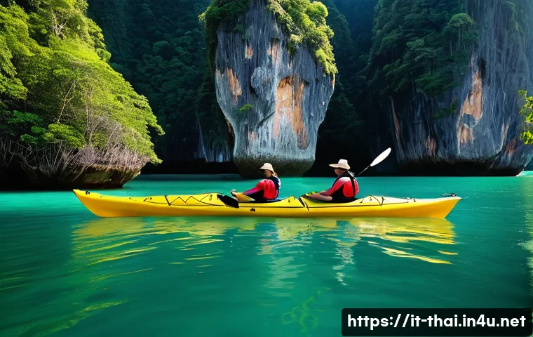 태국의 크루즈 여행지 - **Phang Nga Bay Kayaking Adventure**
"A vibrant and serene scene of tourists enjoying a kayaking...