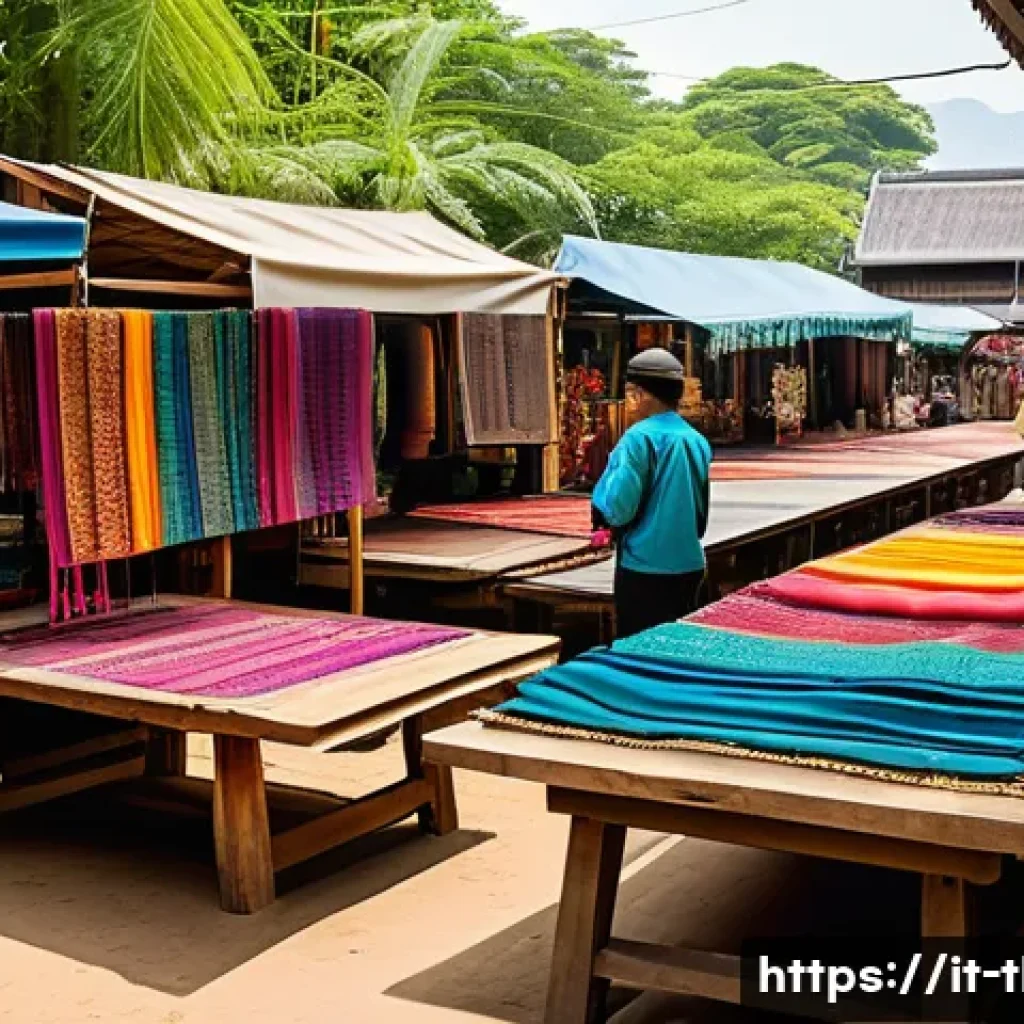 태국 여행 기념품 쇼핑 - A vibrant Thai artisan market scene featuring skilled local craftsmen and craftswomen weaving tradit...