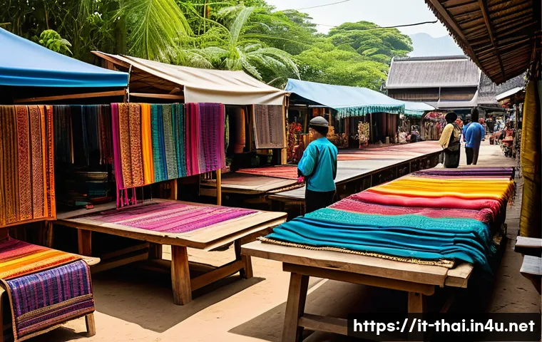 태국 여행 기념품 쇼핑 - A vibrant Thai artisan market scene featuring skilled local craftsmen and craftswomen weaving tradit...