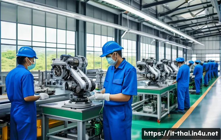 태국의 수출 품목 - A bustling modern automotive factory in Thailand, showcasing advanced robotic assembly lines produci...