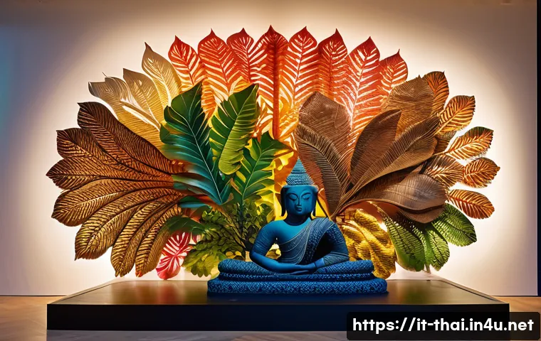 태국의 현대 미술의 역할 - A contemporary Thai art installation blending traditional mythological figures with cutting-edge mul...