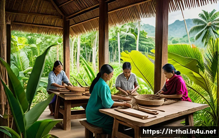태국의 공정 무역 사례 - A vibrant scene of a rural Thai cooperative workshop where independent small-scale artisans, includi...