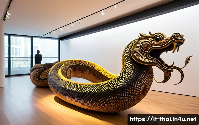 태국의 현대 예술 작가 - A contemporary Thai art installation blending traditional and modern elements: a large, luminous Nāg...