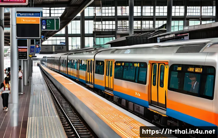방콕 교통 이용법 - A bustling Bangkok BTS Skytrain station during rush hour, showcasing modern, clean platforms with cl...