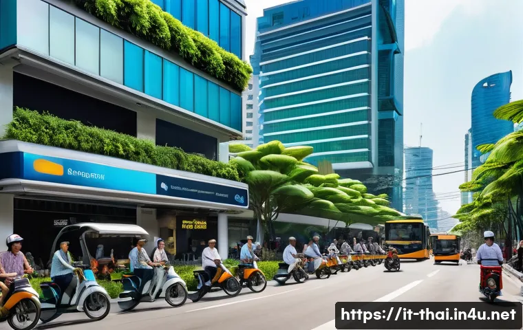 태국의 스마트 도시 운영 - A bustling urban street scene in Bangkok featuring smart traffic lights adapting in real-time to veh...