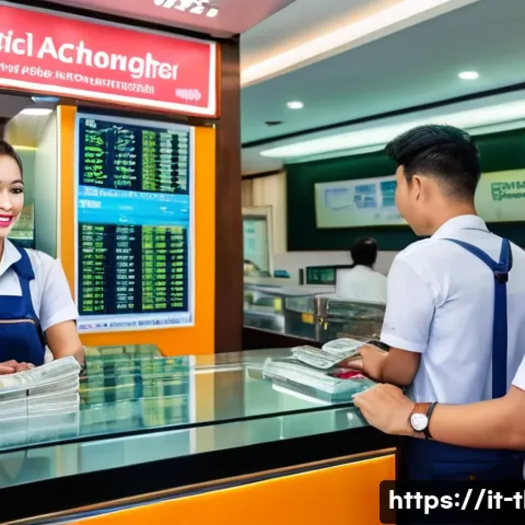 태국 환전 팁 - A bustling authorized money changer shop in a popular Thai tourist area during daytime, featuring cl...