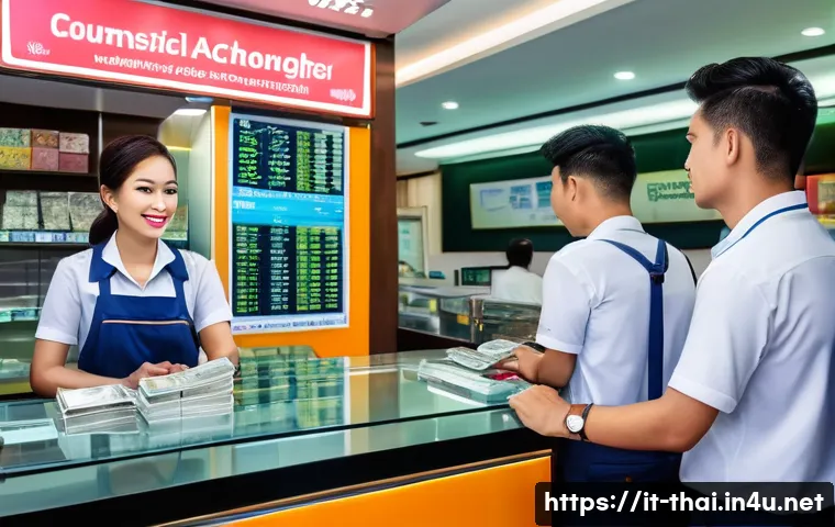태국 환전 팁 - A bustling authorized money changer shop in a popular Thai tourist area during daytime, featuring cl...