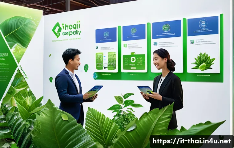 태국의 글로벌 마케팅 전략 - A sophisticated marketing campaign scene featuring a Thai brand promoting eco-friendly production pr...