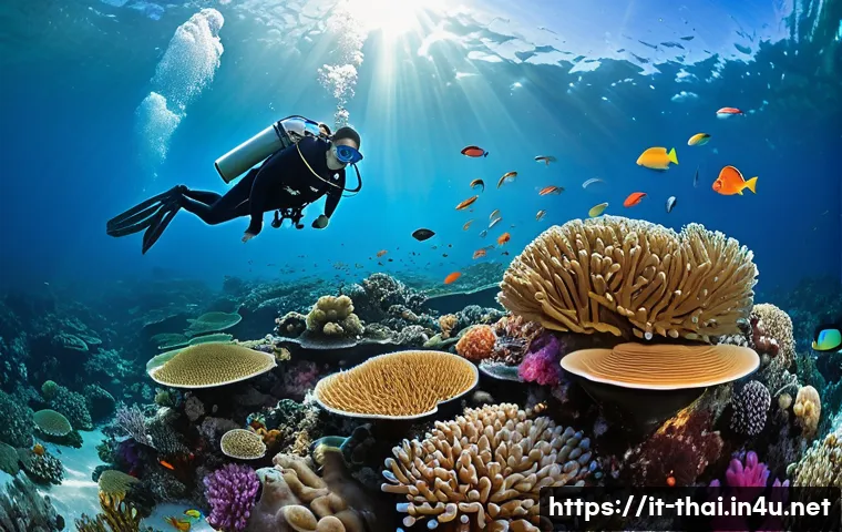 태국의 해양 생물 연구 - A vibrant underwater scene showcasing Thailand&rsquo;s coral reefs teeming with diverse marine life, inclu...