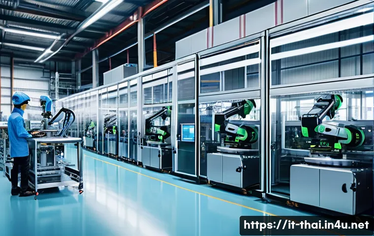 태국의 산업 혁신 - A modern industrial factory interior in Thailand featuring collaborative robots working alongside hu...