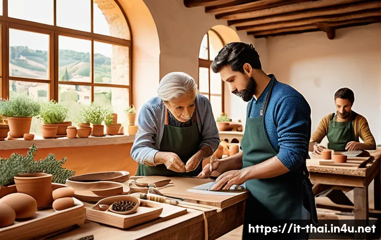 태국의 소셜 비즈니스 사례 - A vibrant scene of a rural cooperative in Italy combining traditional artisanal craftsmanship with m...