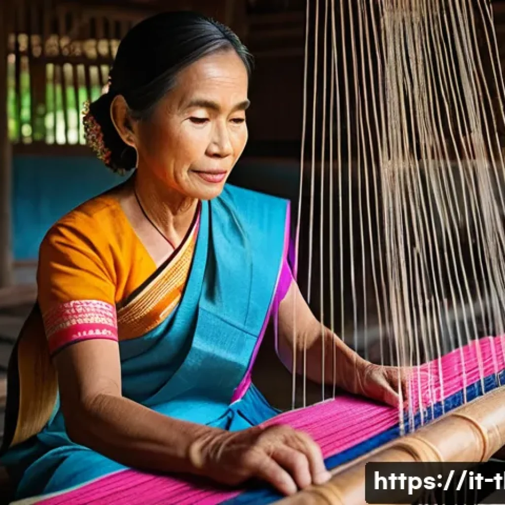 태국의 공예품 산업 - A traditional Thai weaver in a northern village, sitting at an ancient wooden loom weaving vibrant s...