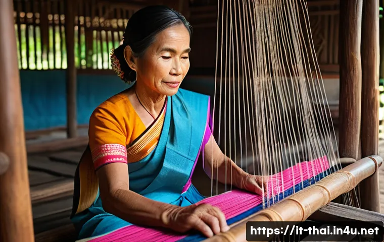태국의 공예품 산업 - A traditional Thai weaver in a northern village, sitting at an ancient wooden loom weaving vibrant s...