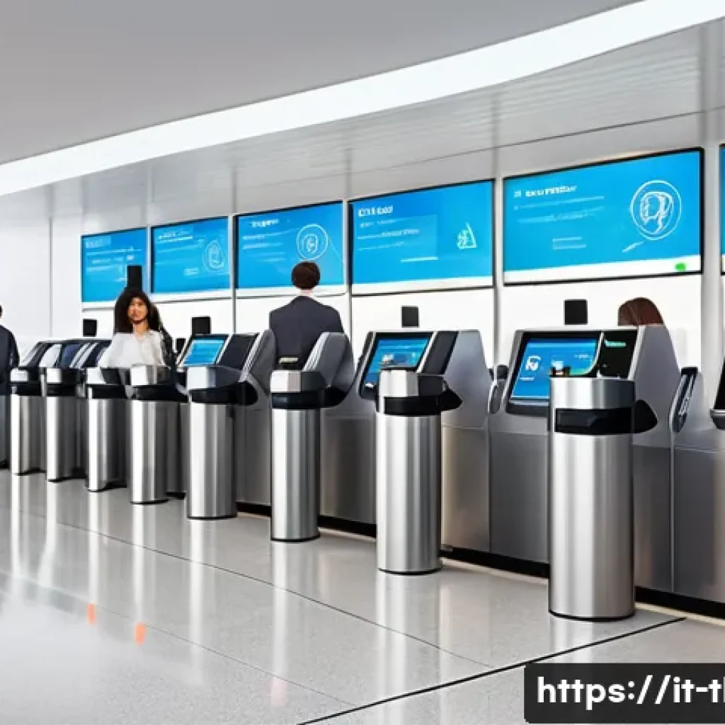 태국의 국제 공항 확장 계획 - A modern airport terminal interior featuring automated self-service check-in kiosks with sleek touch...