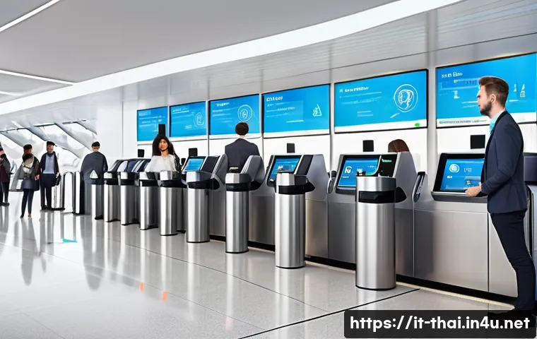 태국의 국제 공항 확장 계획 - A modern airport terminal interior featuring automated self-service check-in kiosks with sleek touch...