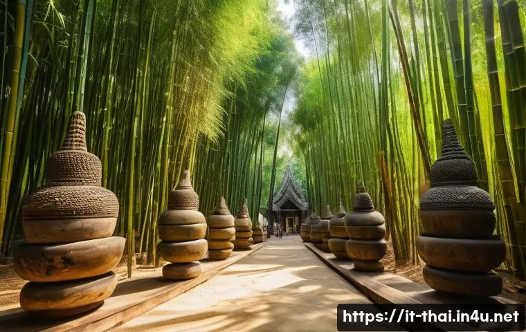 태국의 야외 예술 전시 - A serene outdoor sculpture park in northern Thailand during the dry season, featuring large contempo...
