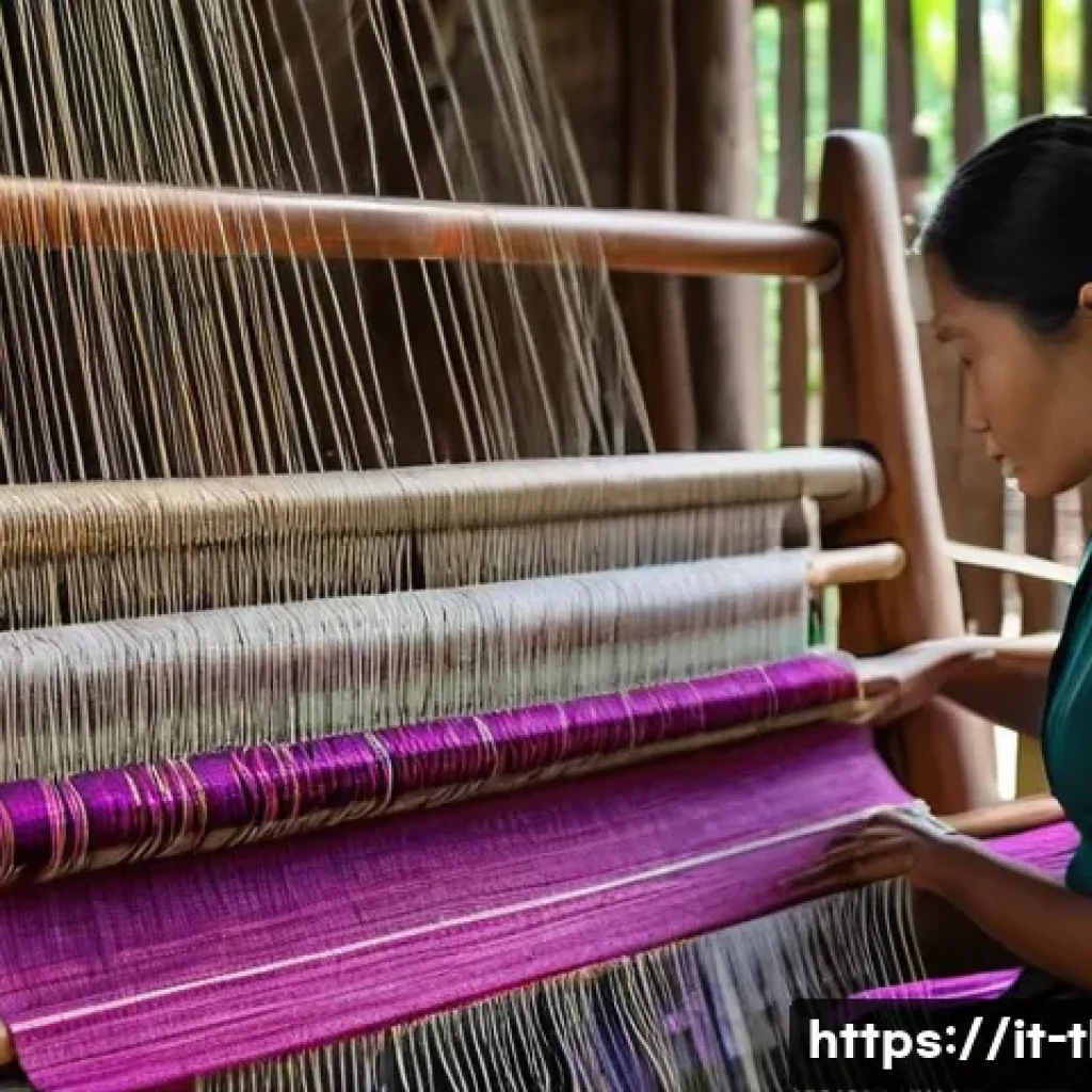태국의 전통 직물 - A traditional Thai artisan weaving silk fabric on a classic wooden loom in a northern village settin...