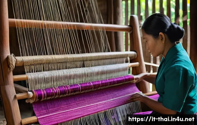 태국의 전통 직물 - A traditional Thai artisan weaving silk fabric on a classic wooden loom in a northern village settin...