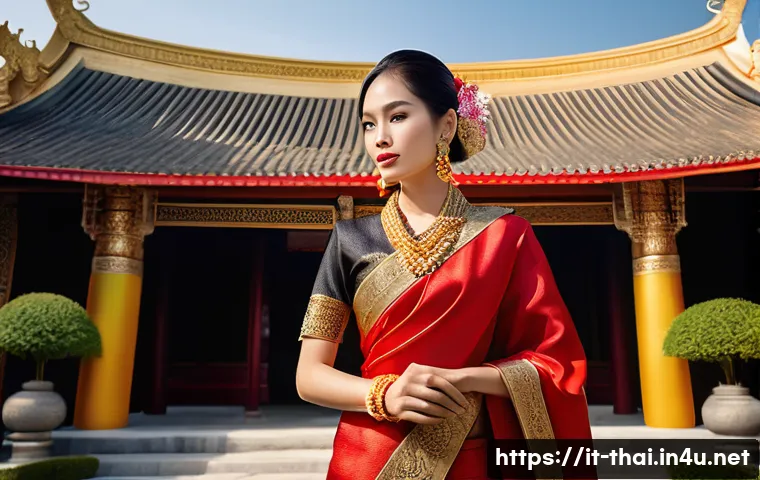 태국 전통 의상 이름 - A graceful Thai woman dressed in a traditional handwoven silk costume featuring vibrant red and gold...