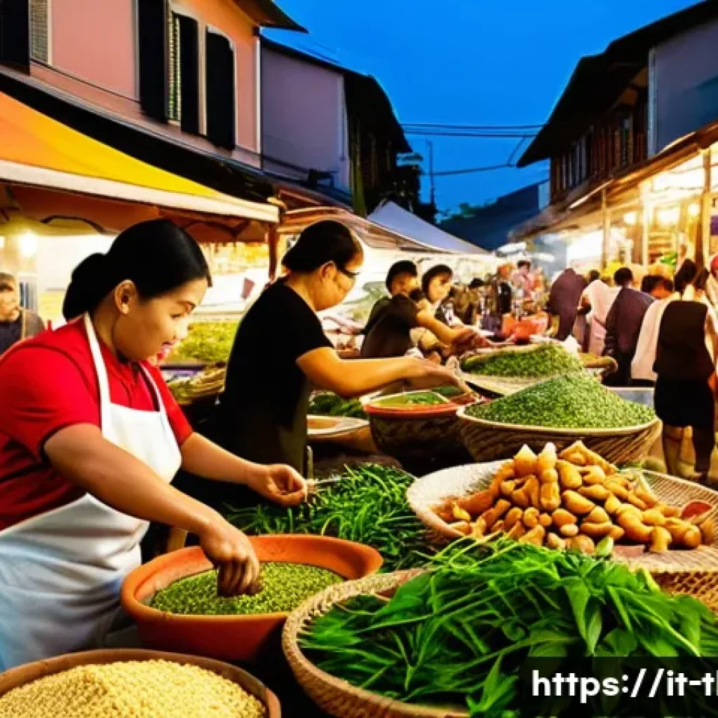 태국의 전통 요리 체험 - A vibrant Thai street food market scene in a bustling Italian city square at dusk, featuring colorfu...