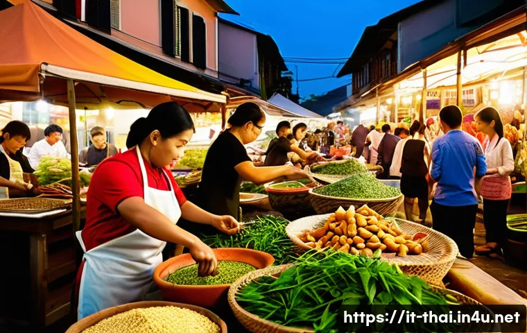 태국의 전통 요리 체험 - A vibrant Thai street food market scene in a bustling Italian city square at dusk, featuring colorfu...