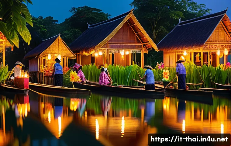 태국의 농촌 체험 마케팅 - A vibrant rural Thai village scene during the Loy Krathong festival at twilight, featuring local vil...