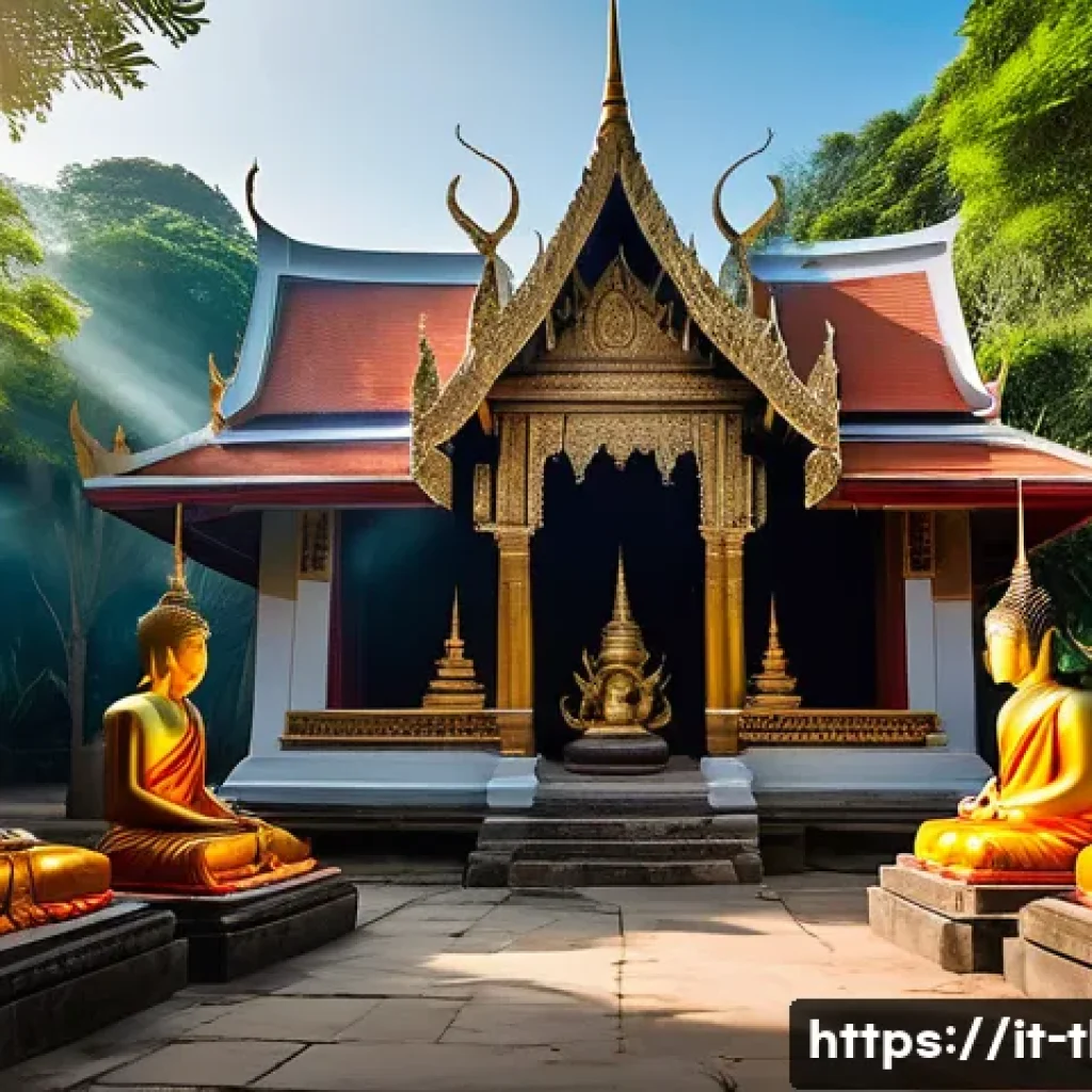 태국 유명 관광지 - A serene and intimate scene inside a small, lesser-known Thai temple surrounded by lush greenery. Th...