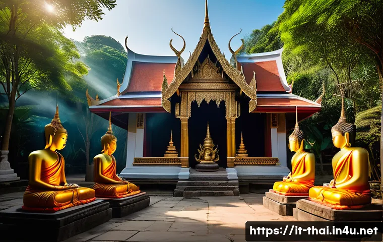 태국 유명 관광지 - A serene and intimate scene inside a small, lesser-known Thai temple surrounded by lush greenery. Th...