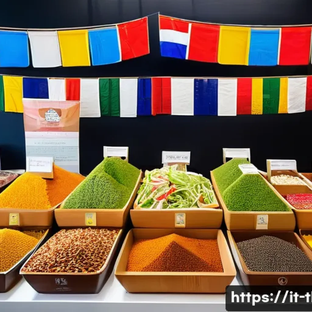 태국의 글로벌 브랜드 사례 - A vibrant scene depicting a modern Thai food market stall adapted for an international audience, fea...