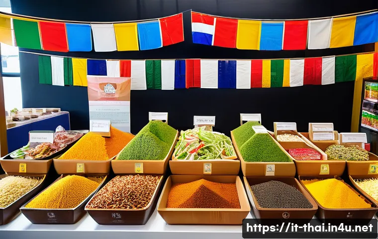 태국의 글로벌 브랜드 사례 - A vibrant scene depicting a modern Thai food market stall adapted for an international audience, fea...