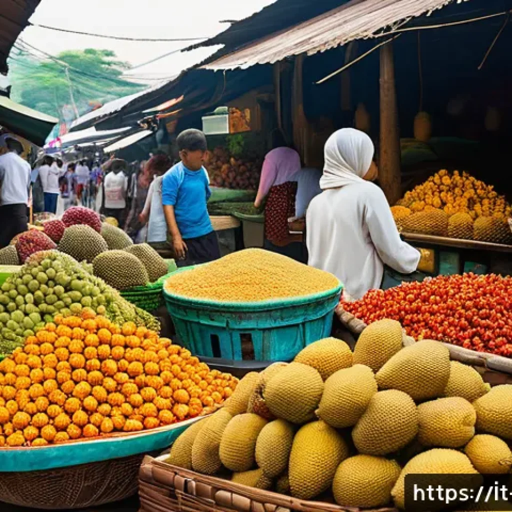 태국의 재래시장 체험 - A bustling traditional Thai market scene at dawn, vibrant stalls overflowing with colorful fresh fru...