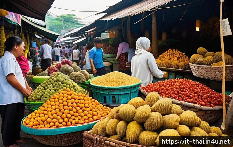 태국의 재래시장 체험 - A bustling traditional Thai market scene at dawn, vibrant stalls overflowing with colorful fresh fru...
