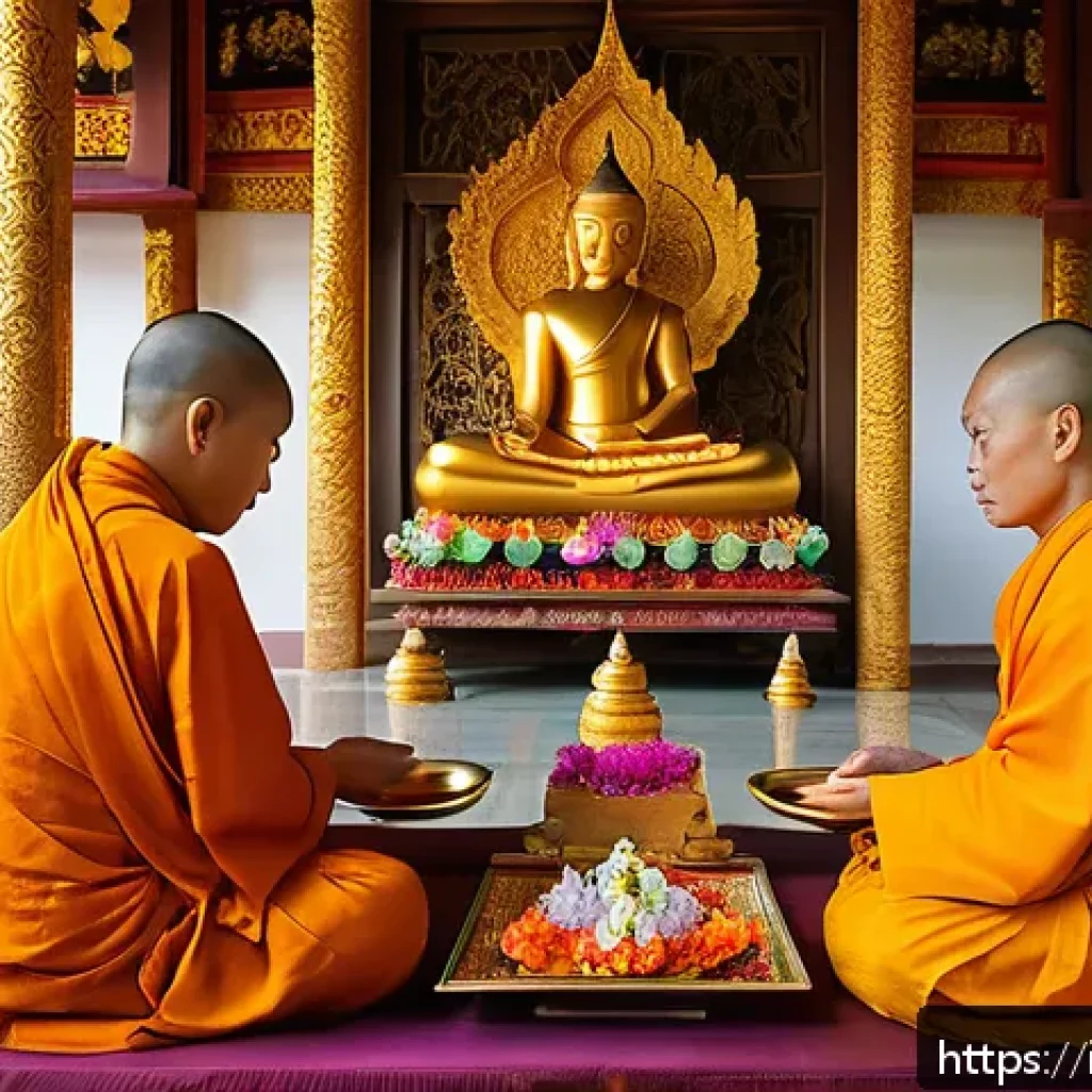 태국의 종교 의식 연구 - A serene Thai temple scene at dawn featuring a devoted group of worshippers presenting symbolic offe...