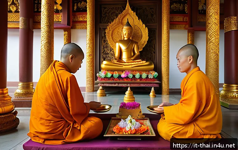 태국의 종교 의식 연구 - A serene Thai temple scene at dawn featuring a devoted group of worshippers presenting symbolic offe...