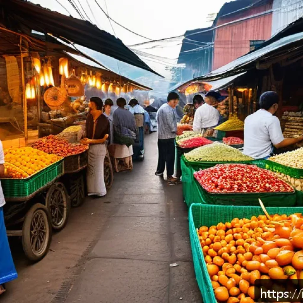 태국 전통 시장 탐방 - A bustling traditional Thai market scene at dawn, featuring narrow crowded aisles filled with vibran...
