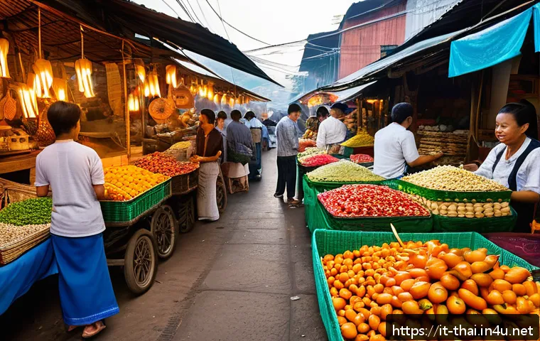 태국 전통 시장 탐방 - A bustling traditional Thai market scene at dawn, featuring narrow crowded aisles filled with vibran...