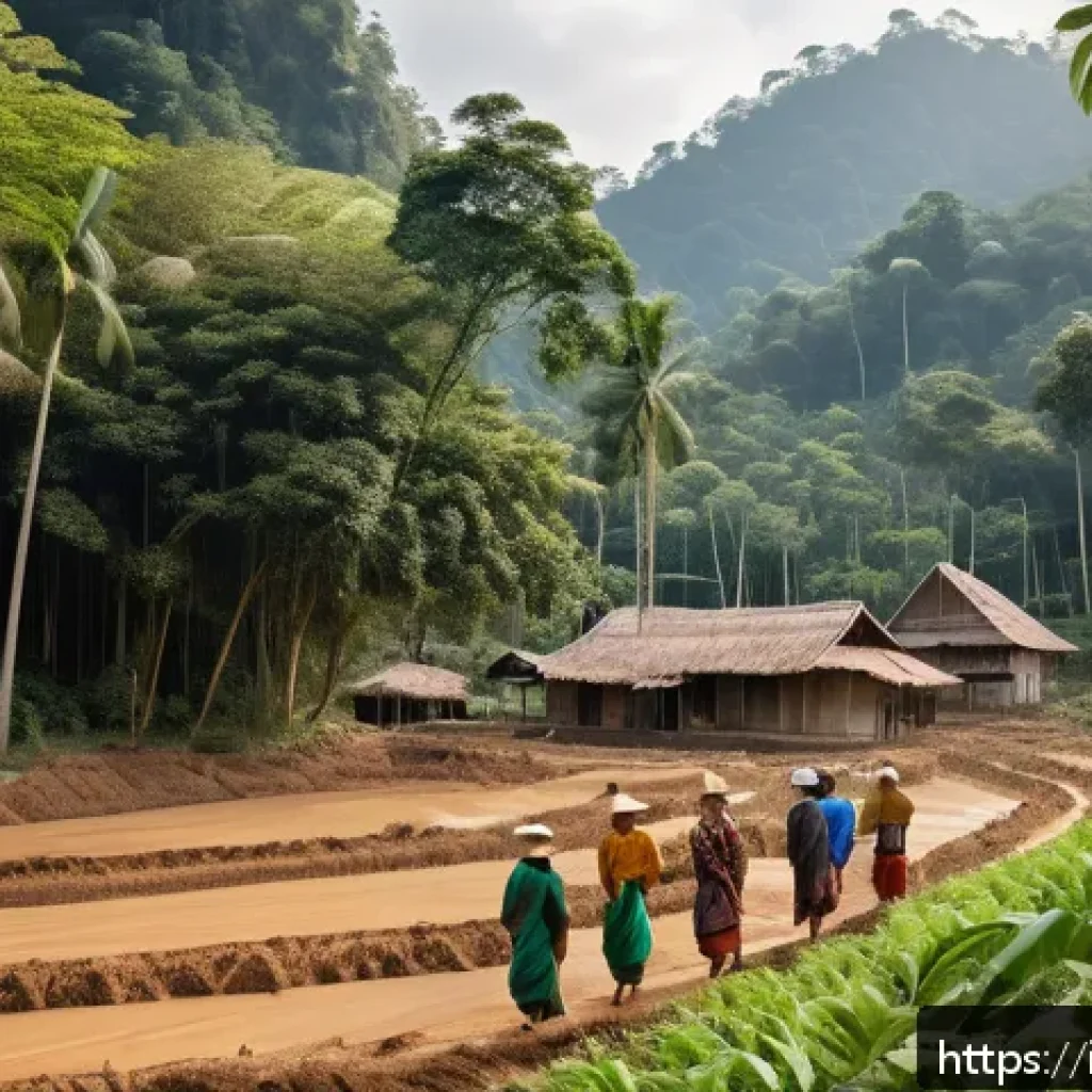 태국의 환경 문제 - A vibrant scene of a rural Thai village surrounded by lush tropical forests undergoing deforestation...