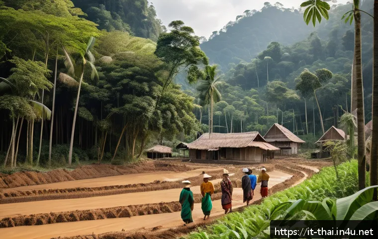 태국의 환경 문제 - A vibrant scene of a rural Thai village surrounded by lush tropical forests undergoing deforestation...