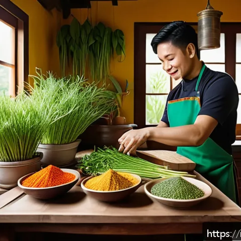 태국 전통 음식 - A vibrant and authentic Thai kitchen scene in an Italian home, showcasing a rustic wooden table fill...