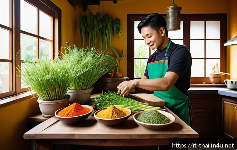 태국 전통 음식 - A vibrant and authentic Thai kitchen scene in an Italian home, showcasing a rustic wooden table fill...