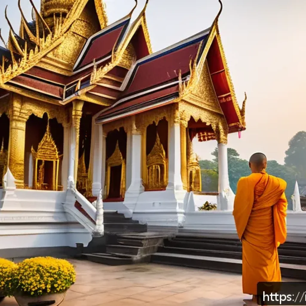 태국의 종교적 의례 - A majestic Thai temple at sunrise, featuring intricate golden spires that shimmer in the soft mornin...