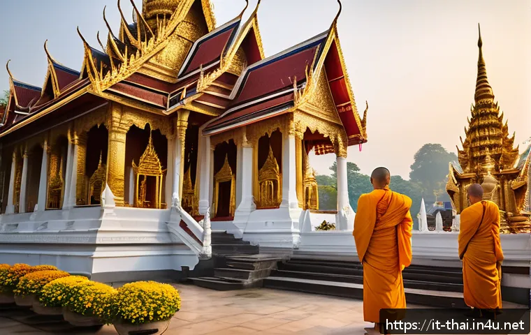 태국의 종교적 의례 - A majestic Thai temple at sunrise, featuring intricate golden spires that shimmer in the soft mornin...