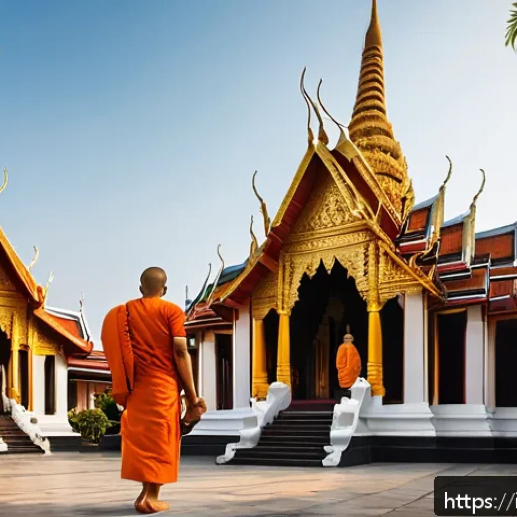 방콕 여행 루트 - A serene early morning scene at Wat Ratchanatdaram temple in Bangkok, showcasing its unique iron arc...